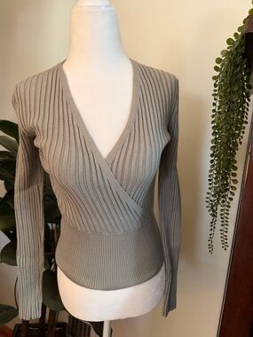 Pink Rose Sage Ribbed Wrap V-Neck Sweater
